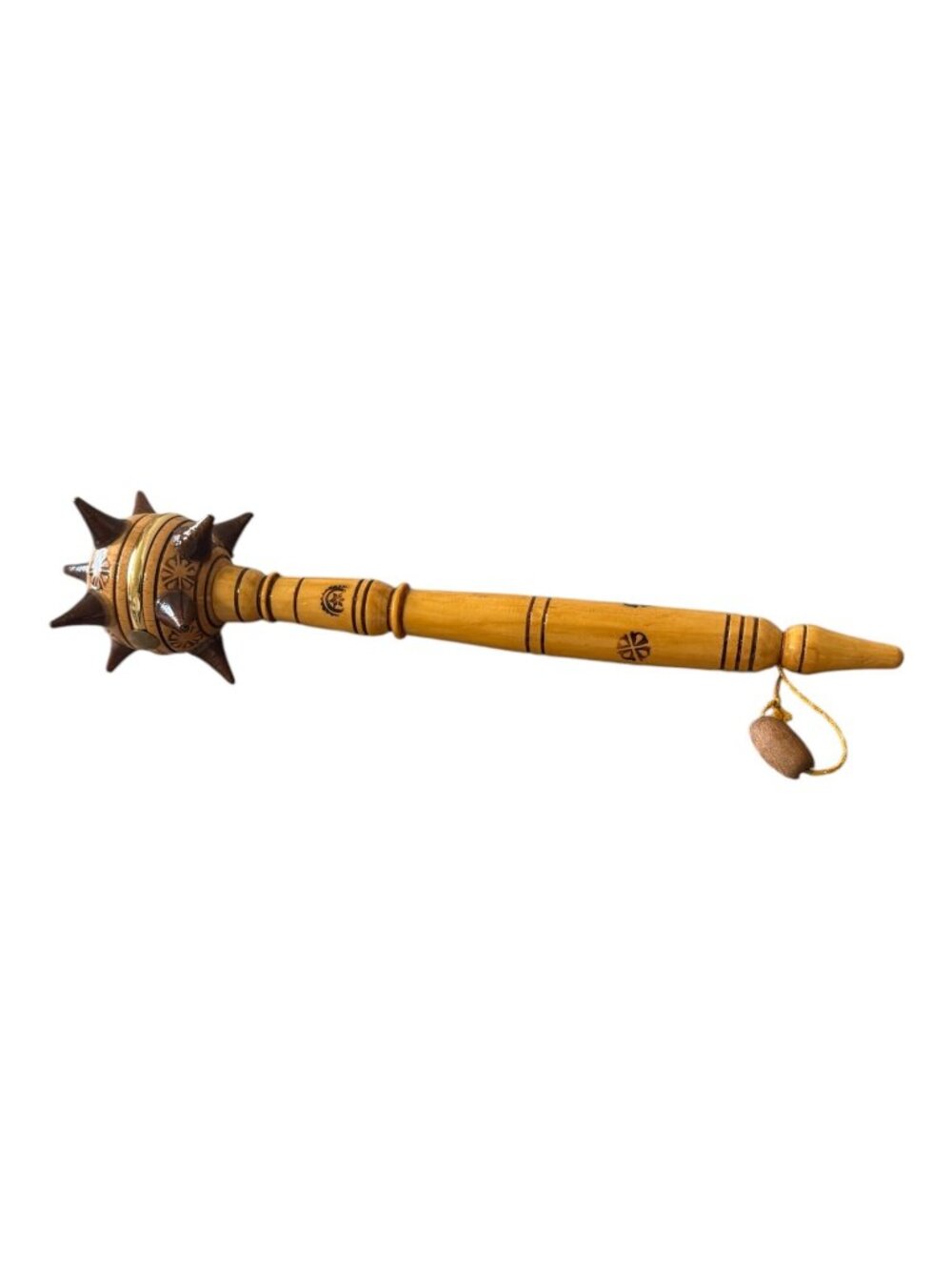 Hand Carved Wood Spiked Mace Club Folk Art Decorative 12 Inch Brass Accent